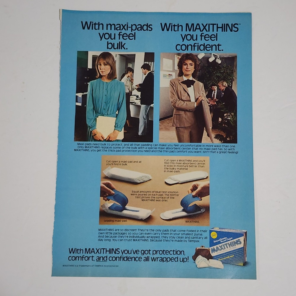 Vintage 1983 MAXITHINS Print Ad Retro Maxi Pad Health Beauty Advertising 8x10.5